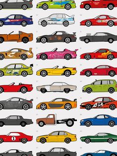 an image of many different colored cars on the same color as they are in this poster