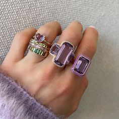 This lavender amethyst is making a real splash in my jewelry collection. It's making such a statement my other rings are getting jealous. Available in 18k rose gold 15.28ctw amethyst .33ctw diamonds Measures 21mm x 10.5mm and 9mm x 7mm By Goshwara Getting Jealous, Heart Solitaire Ring, Donut Ring, Jane Taylor, Lavender Amethyst, Diamond Tennis Necklace, Diamond Frame, Cushion Cut Ring, Special Place In My Heart