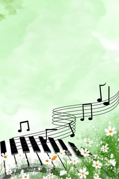 musical notes and piano keys on a green background with daisies in the foreground