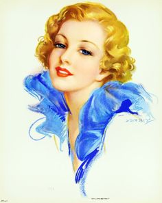 a painting of a woman with blonde hair wearing a blue dress and red lipstick on her lips