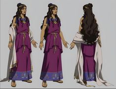 three different views of an ancient woman in purple and white clothing with long hair, wearing a