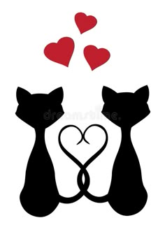 two cats with hearts in the shape of their heads, one is black and the other is red