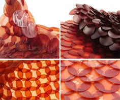 four different images of orange and red materials