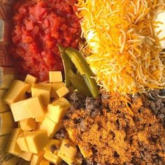 several different types of cheese and sauces on a plate