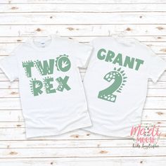 two t - shirts with the words grant and grant written on them in green ink