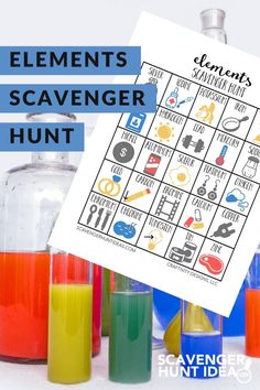 the elements of a scavenger hunt is shown in front of bottles with colored liquids