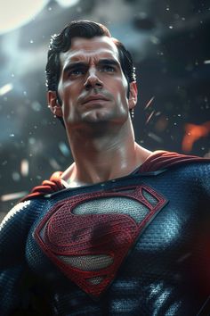 a man dressed as superman standing in front of a dark background with rain falling on him