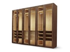 a room divider made out of wood and glass with multiple compartments on each side