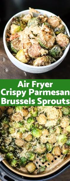 an air fryer is filled with crispy parmesan brussels sprouts