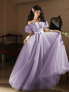 Purple Short Sleeve Evening Dress For Party, Purple Tulle Dress For Banquet, Purple Evening Dress For Summer Banquet, Purple Summer Evening Dress For Banquet, Summer Purple Evening Dress For Banquet, Purple Evening Dress For Summer Banquets, Spring Purple Ball Gown For Party, Purple Floor-length Dress For Banquet, Purple Summer Bridesmaid Dress For Party