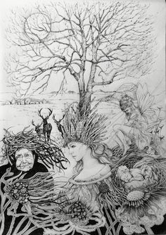 a black and white drawing of a woman surrounded by flowers, trees and animals in the background