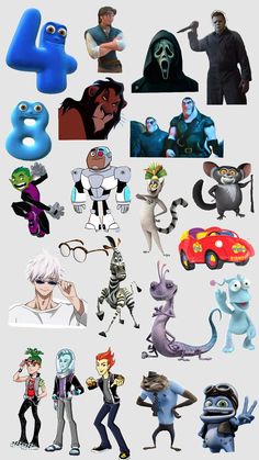 various cartoon characters are shown in this image