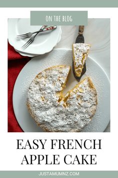 an easy french apple cake with powdered sugar on top and the title overlay