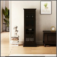 a tall wooden cabinet sitting in the corner of a living room next to a clock