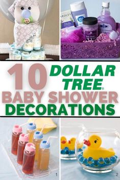 the top ten baby shower decorations are shown in this collage with text that reads, 10 dollar tree baby shower decorations