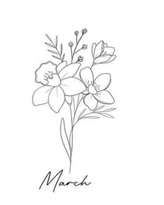 a drawing of flowers with the word march written in black ink on a white background