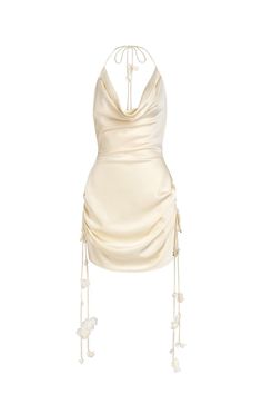 Made from premium silk, its elegant A-line cut and cowl neckline exude sophistication and exclusivity. With its flowing silhouette, this dress is perfect for any event, whether a high-end gala or a night out on the town. Elevate your wardrobe with this must-have piece. Pre-draped Satin Slip Dress For Evening, Pre-draped Mini Dress For Gala, Pre-draped Evening Dress With Cowl Back For Party, Pre-draped Satin Dress For Prom Season, Elegant Spring Halter Neck Backless Dress, Fitted Silk Backless Slip Dress, Ruched Cowl Back Gala Dress, Elegant Sleeveless Mini Dress For Prom Season, Satin Halter Neck Slip Dress For Dinner