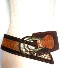 Nwot Excellent A Rare And Stunning Find! Details: Belt: 39"-Length Mid-Back 5" Blended Brown Elasticized Material Allowing For Stretch See Photo Belt: 3-3/4"- Widest Front Of The Actual Suede Belt 1-1/2- Narrow Slanted Cut At Belt End Buckle: Buckle-4"- Length Buckle 3-1/2"-Wide One Of A Kind Stunner! Description: A Super-Stunning Belt By Chicos Is A Mixture Of Suedes, Leather, Lightweight Aged Highlights Of A Patina Aging Showing The Aged Greens. Gorgeous Stitching & Foil Painting. It Can Be Wo Foil Painting, Chunky Belt, Aesthetic Jewellery, Cowgirl Style Outfits, Boho Belts, Suede Belt, Brown Belt, Wide Belt, Brown Fashion