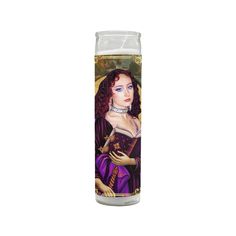 a candle with an image of a woman holding a book in her hands and wearing a purple dress