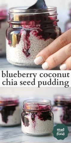 blueberry coconut chia seed pudding in a jar with text overlay that reads, blueberry coconut chia seed pudding