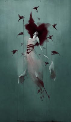 a woman is floating in the air surrounded by birds