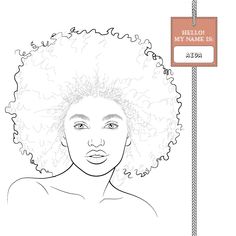 a drawing of a woman's face with curly hair and an orange tag hanging from a rope