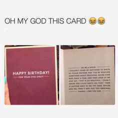 an open book with the words oh my god this card written on it and someone holding a pen in their hand