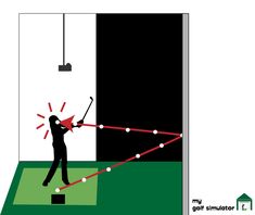 a man hitting a ball with a golf club in front of a black and white wall