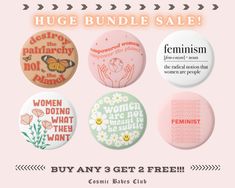 six buttons with different sayings on them for women's day and freebies