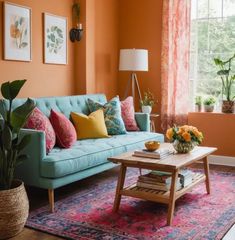 a living room with orange walls and blue couches, pink rugs and potted plants