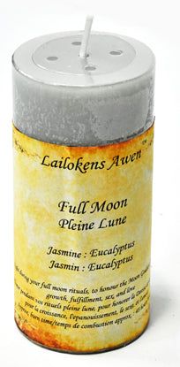 a candle that is sitting on top of a canister with the words full moon in it