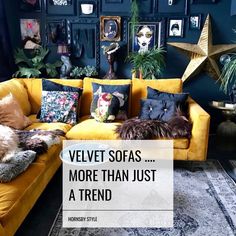 a living room with yellow couches and pictures on the wall above it that says velvet sofas more than just a trend