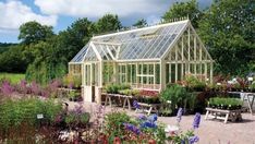 a garden with many different types of flowers and plants in the area, including an old greenhouse