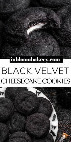 black velvet cheesecake cookies on a white plate with text overlay that reads, black velvet cheesecake cookies