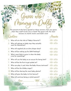 a green and gold baby shower game with question marks on the front, which reads guess who mommy or daddy?