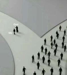 a group of people walking across a snow covered ground with the words god me on it