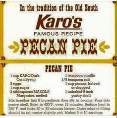 the menu for karo's famous recipe pecan pix is shown here