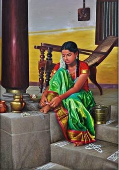 a painting of a woman sitting on steps