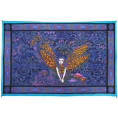 a blue and purple scarf with an image of a woman on it