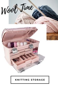 the knitting storage box is filled with balls of yarn