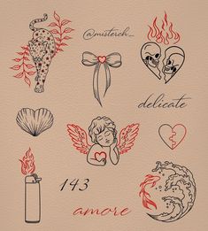 an image of tattoos on the back of a card with hearts and angel symbols in red ink