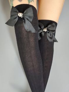 "Women's long socks   with black color beaded bow cute  and warm Made from soft  knitted fabric 100 % acrylic  yarn  Great Holiday gift  Please feel free to ask me any questions or special requests  How to buy? http://www.etsy.com/help_guide_checkout.php  Special request or you have a question for me? Click the small blue \"Contact\" link under my name on the right.  My shop https://www.etsy.com/your/listings?ref=si_your_shop P O L I C I E S  aCutee's Shop Policies https://www.etsy.com/shop/aCut Elegant Black Thigh High Socks, Elegant Black Knee-high Socks, Fitted Black Socks For Gift, Gift Black Fitted Socks, Elegant Black Party Stockings, Black Thigh High Socks For Party, Black Winter Party Socks, Fitted Winter Socks For Gift, Black Party Socks For Winter