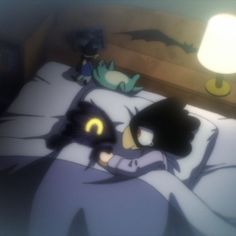 a cartoon character laying in bed next to another character with an evil eye on it