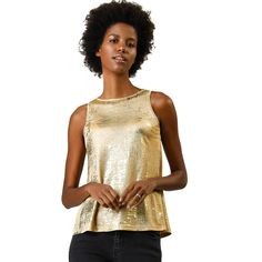 Your glittering personality will shine through in this breezy stretchy metallic flashing round-neck top. A finely smooth top is cut in a chic swing silhouette to make you shine on any occasion in this stylish tank top. It's a nice choice for different parties. Shimmering golden threads make this lightweight, fine-gauge top truly shine. Cut from soft semi-shiny stretch fabric, this lightweight tank top keeps you cool and makes you chic. Chic Dressing, Stylish Tank Tops, Tunic Tank Tops, Pool Beach, Stage Performance, Ribbed Tank Tops, Round Neck Tops, Workout Tank Tops, Halloween Women