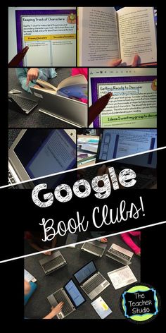 there are many different pictures with the words google book club on them and an image of someone's hands using their laptop