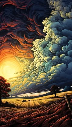 a painting of a sunset with clouds in the sky and trees on the other side