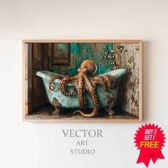 an octopus in a bathtub is featured on the wall