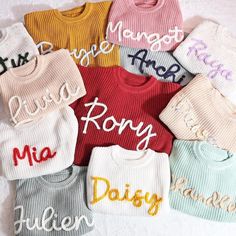 🧶Hand Embroidered Baby Sweaters 🎀Link to choose icon(s)🎀 https://www.etsy.com/listing/1810130103/choose-add-on?ref=listings_manager_grid Welcome to our cozy corner of adorable hand-embroidered baby sweaters! Each sweater is lovingly crafted with care, allowing you to personalize it with your baby's name. Perfect for any occasion, these sweaters make an ideal gift for baby showers, christenings, birthdays, or just because! 🎨Customization Options: - Sweater Colors: Choose from a delightful array of colors to match your style or nursery theme. - Sweater Size: Available in multiple sizes to ensure the perfect fit as your baby grows. - Embroidery Yarn Colors: Select from various yarn colors to beautifully embroider your baby's name. Our vibrant threads ensure your little one's name stands o Sweater With Name, Hand Embroidered Name, Sweater Colors, Name Sweatshirt, Newborn Family Photos, Pull Bebe, Girls Sweater, Embroidered Name, Baby Sweater