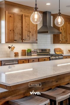 an image of a kitchen setting with lights on the ceiling and wooden cabinets in the background