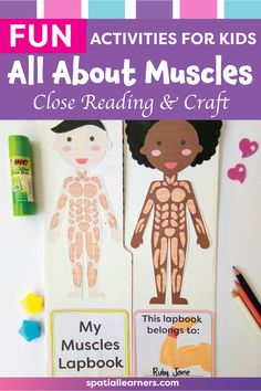 two children's bookmarks with the text fun activities for kids all about muscles close reading and craft